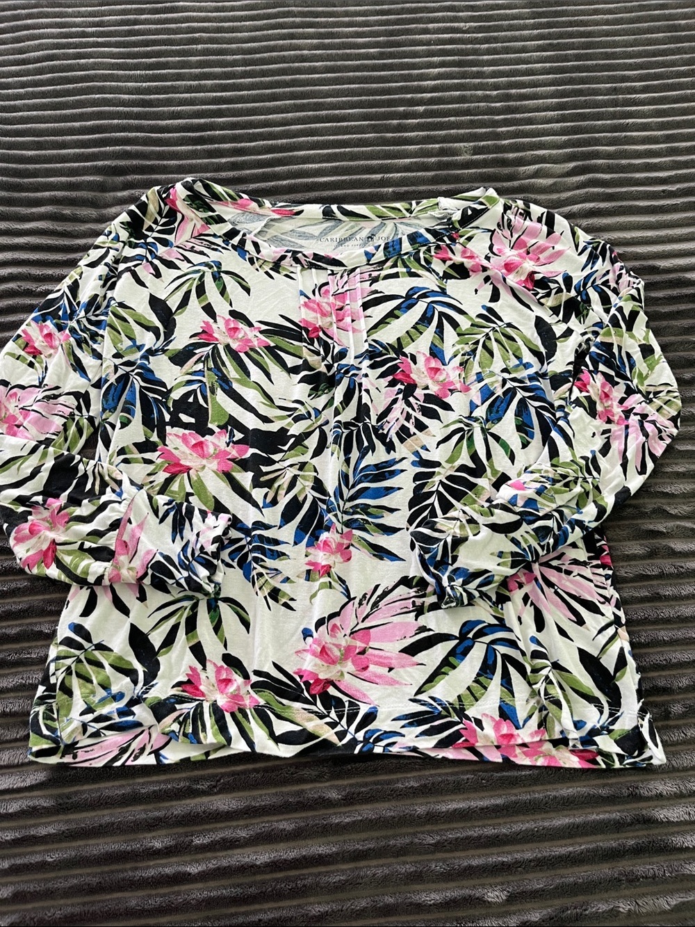 Caribbean Joe Long Sleeve Tropical Floral Top - Pink, Green & Blue